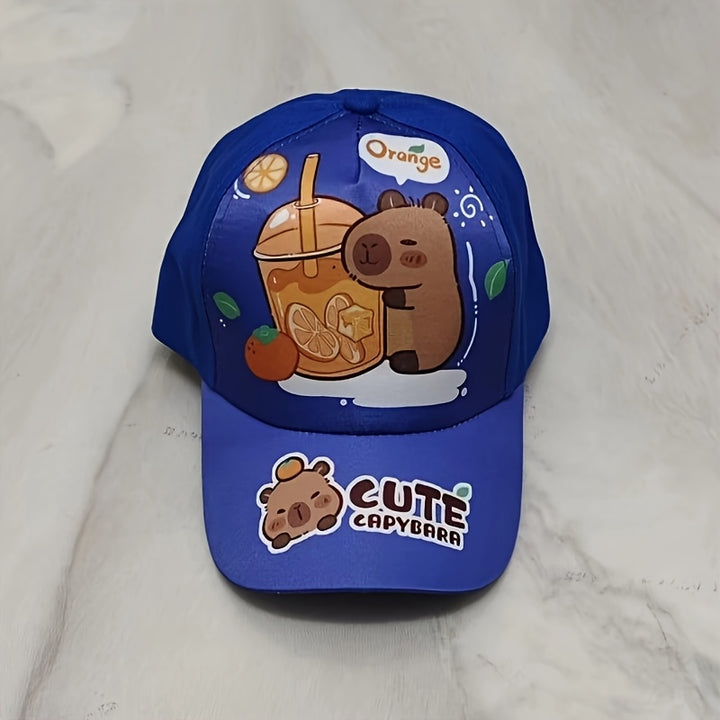 Gorra de Béisbol con Estampado de Oso de Dibujos Animados - Ajuste Elástico, Poliéster Ligero, Azul con Detalles Naranjas y Diseño Encantador, Ideal para Cumpleaños y Uso Diario, Accesorio de Cumpleaños | Gorra de Béisbol Casual | Sombrero Ligero