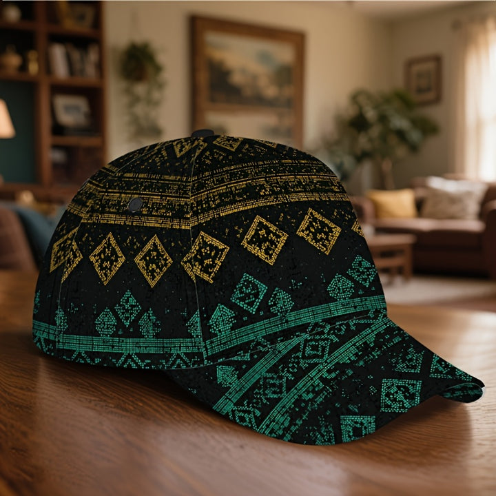 1 pieza, gorra de béisbol con estampado de laberinto de píxeles geométricos 2D, ajustable con diseño vibrante negro y azul claro, ideal para deportes, correr, moda urbana al aire libre y celebraciones de vacaciones (Halloween/Día de Acción de Gracias/Navi