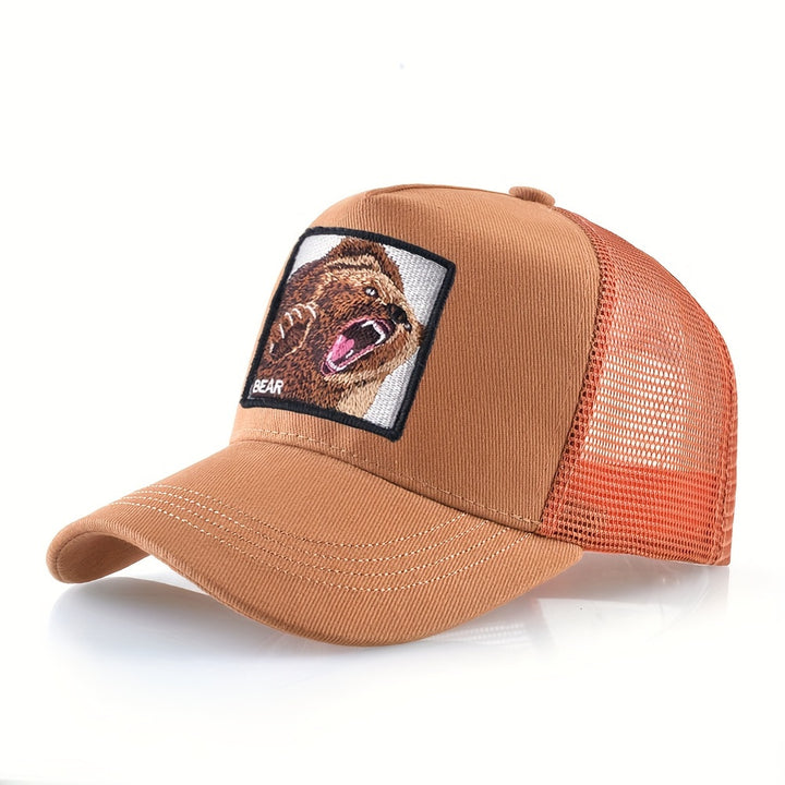 Gorra de basquetbol unisex, con diseño de oso bordado, casual, de poliéster, con parte trasera de malla respirable y cierre ajustable, ideal para verano