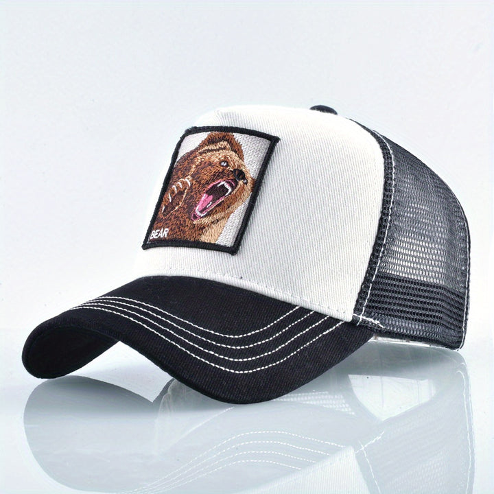 Gorra Trucker Unisex con Diseño de Cara de Oso Adornado - Parte Trasera de Malla Transpirable y Cierre Ajustable con Broche, Gorra de Béisbol de Poliéster con Parche de Oso Pardo, Gorra Casual de Verano para Hombres y Mujeres, Duradera y Cómoda para Depor