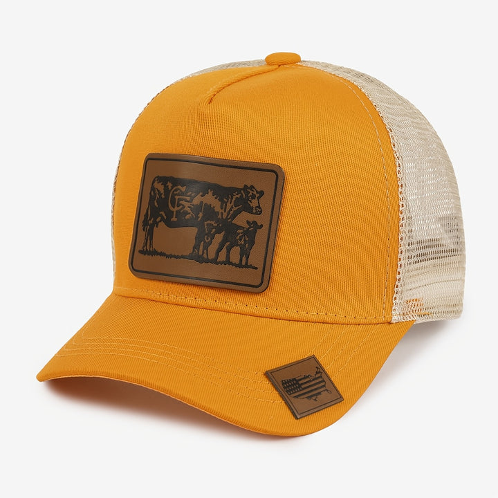 Gorra Trucker Grande de Estilo Europeo con Parches de Malla - Visera Ancha con Estampado Animal de Piel de Vaca, Ligera 50% /, Marrón Pastoral/Beige para Viajes al Aire Libre, Visitas a Granjas y Uso Casual (Ajustable)