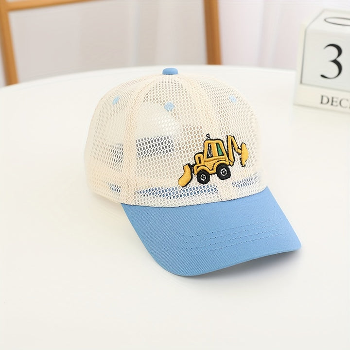 Gorra de béisbol infantil con diseño de excavadora, malla transpirable, ajustable con elástico, ideal para deportes y actividades al aire libre