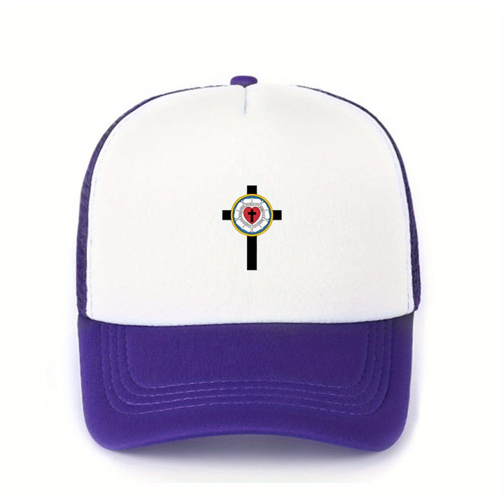1 pieza de gorra de béisbol con cruz de rosa de Lutero - Diseño de dos tonos rosa y blanco con cruz negra, poliéster, ajustable con cierre de presión, perfecta para golf, deportes y uso casual, idea de regalo para el Día de la Madre, gorro casual | Gorra