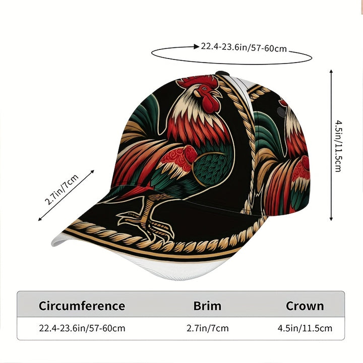 1 Gorra Ajustable Snapback con Estampado de Gallo Atrevido y Divertido - Diseño 2D de Gallo Completo, Ajuste Ajustable para Streetwear, Deportes al Aire Libre y Eventos de Halloween/Navidad/Acción de Gracias - Gorra de Béisbol de Poliéster con Arte de Gal