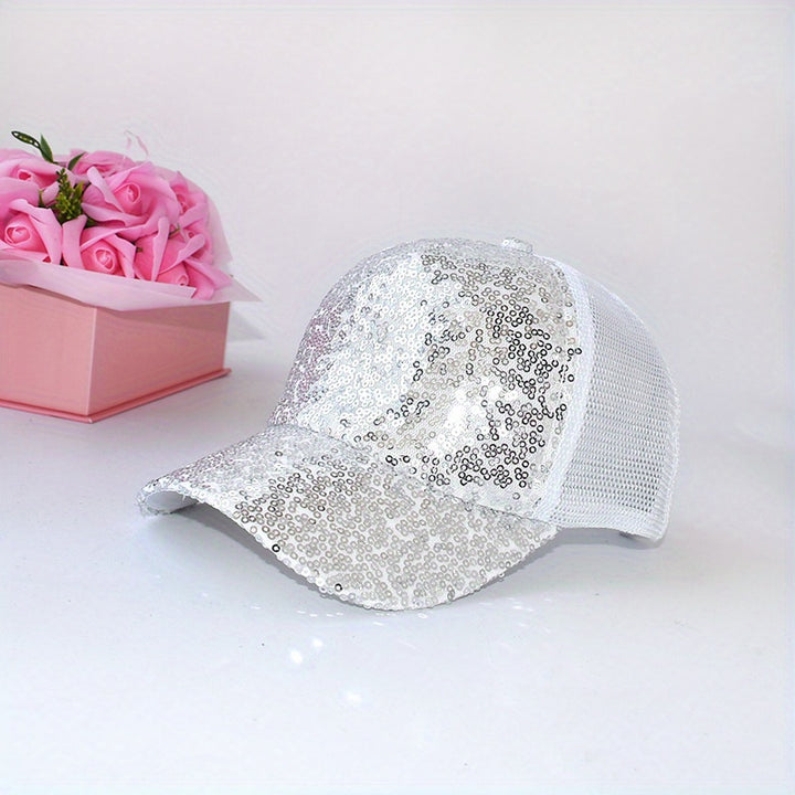 Gorra de béisbol con lentejuelas brillantes para niñas - Sombrero de sol de malla transpirable con cierre de snapback, diseño rosa pastel y dorado para actividades al aire libre de primavera/verano, salidas informales y fiestas, accesorios para la cabeza,