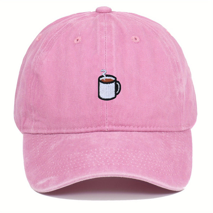 Gorra de béisbol ajustable de tela con bordado de café - Ligera, transpirable, cierre de botón, estilo urbano para hombres y mujeres