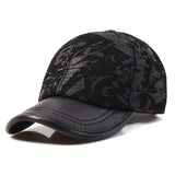 Gorra de béisbol de cuero auténtico unisex - Estilo británico funky con diseño grabado, patrón de camuflaje negro y blanco, ajuste ajustable para hombres y mujeres, gorra deportiva casual, gorra de cuero.