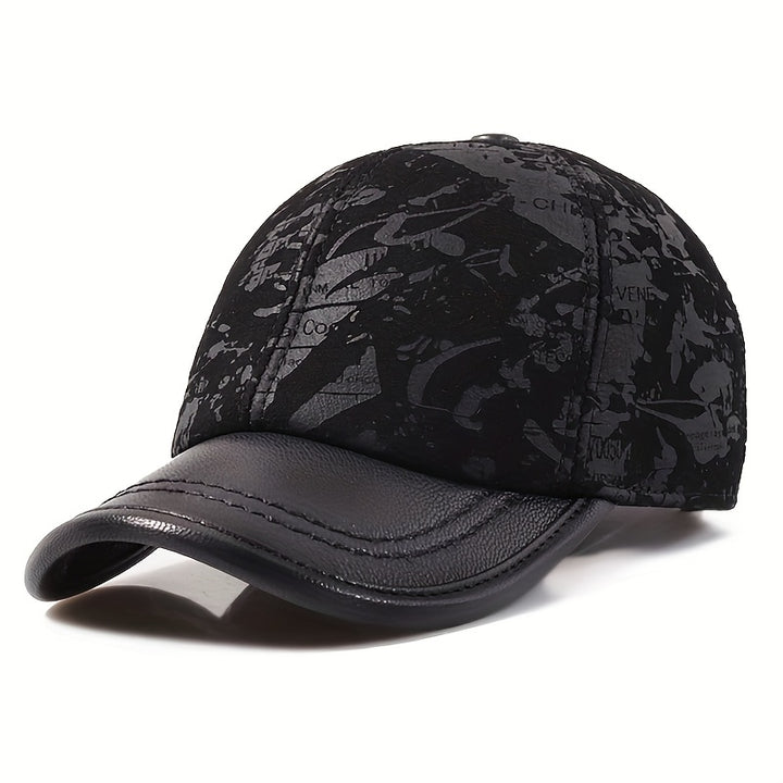Gorra de béisbol de cuero auténtico unisex - Estilo británico funky con diseño grabado, patrón de camuflaje negro y blanco, ajuste ajustable para hombres y mujeres, gorra deportiva casual, gorra de cuero.