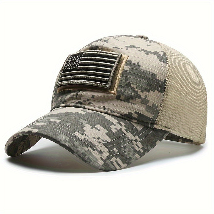 Gorra de béisbol táctica para hombre con parche de bandera americana impresa, transpirable, secado rápido, parte trasera de malla y ajuste adaptable para actividades al aire libre como pesca, senderismo y viajes