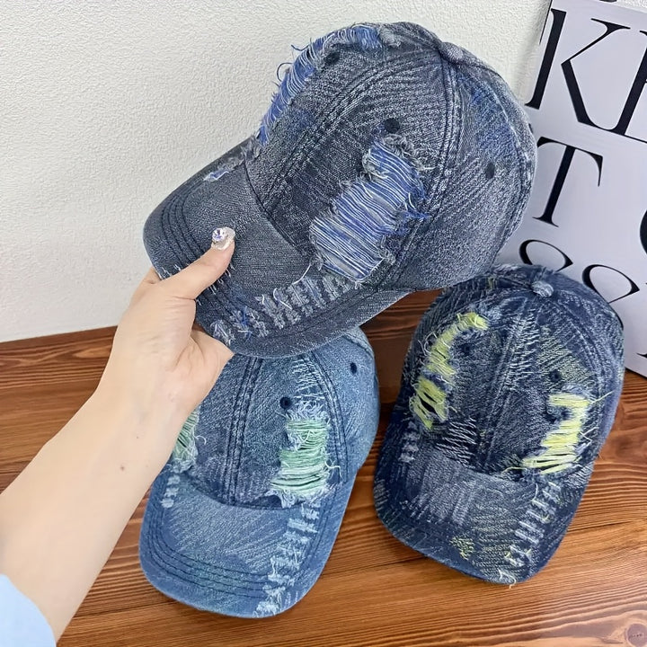 1 pieza de gorra de papá unisex para parejas con agujeros grandes dañados, diseño de parches de estilo callejero y tamaño ajustable, perfecto para usar todos los días en la primavera temprana.