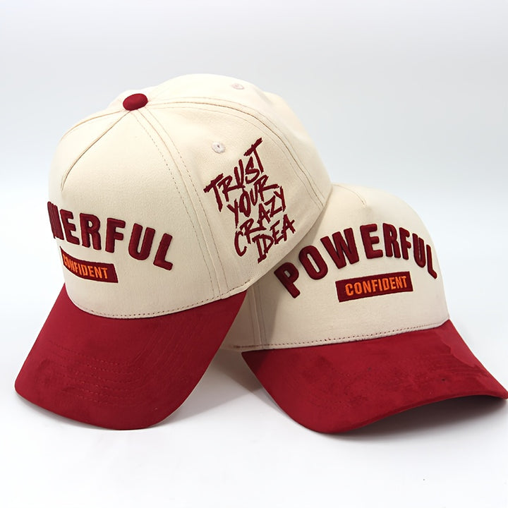 Gorra tipo gamuza suave con letras motivacionales (confianza/poder/seguridad) - gorra casual beige y roja, diseño con eslogan para aumentar la confianza, lavable a mano para uso casual y entrevistas