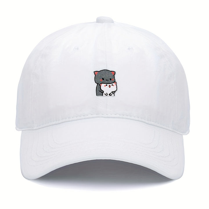 1 pieza de gorra de béisbol bordada con dibujos animados de gatitos grises y blancos, ajustable, ligera, transpirable, para todas las estaciones, poliéster, 100g/m², con instrucciones de cuidado de lavado a mano.
