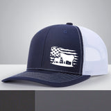 Gorra de malla ajustable con diseño de bandera americana y vaca, sombrero transpirable de 6 paneles para pesca, trabajo en granja y uso casual, tamaño unisex, color café con costura blanca