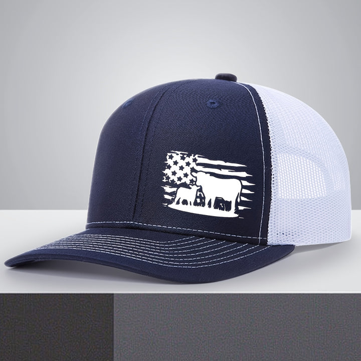 Gorra de malla ajustable con diseño de bandera americana y vaca, sombrero transpirable de 6 paneles para pesca, trabajo en granja y uso casual, tamaño unisex, color café con costura blanca