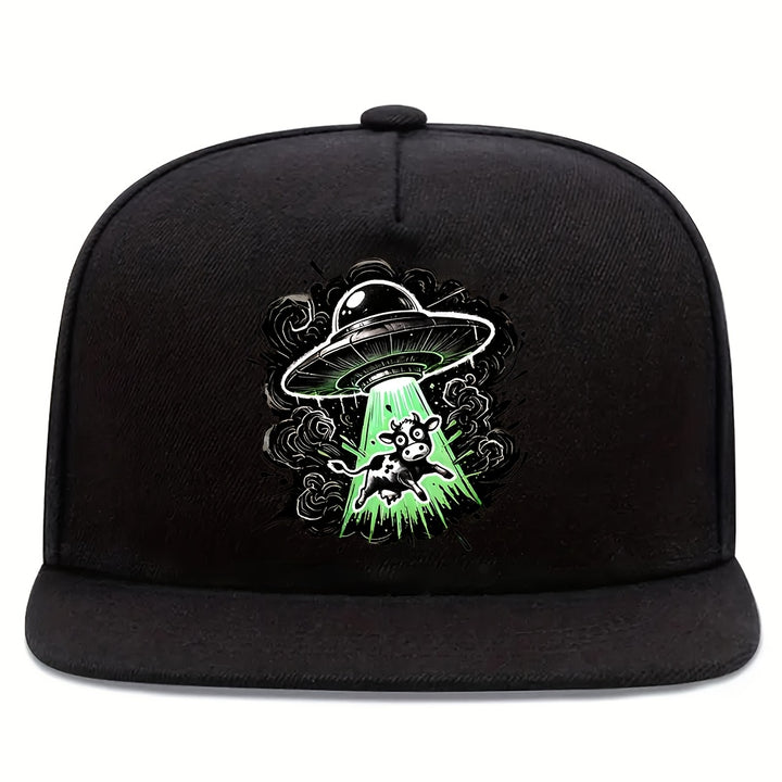 1 pieza, gorra de béisbol ajustable negra con estampado de ovnis y vacas, estilo hip-hop de ropa de calle, espalda de malla transpirable, perfecta para deportes al aire libre y uso casual, gorro de cabeza al aire libre | Gorra de hip-hop | Duradera