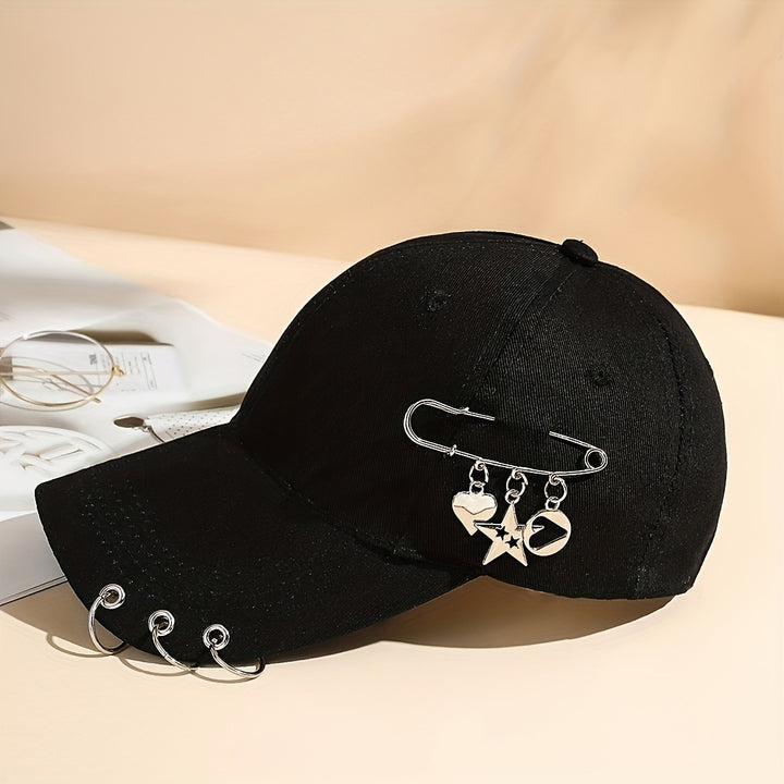 1 Sombrero de Béisbol Negra Ajustable para Mujeres - Ligera, Bréathable, con Pins de Corazón y Estrella, Perfecta para Viajes al Aire Libre y Usos Casuales en Primavera/Vérano, Accesorio de Moda de Primavera | Sombrero Stylish Snapback | Sombrero Ligera