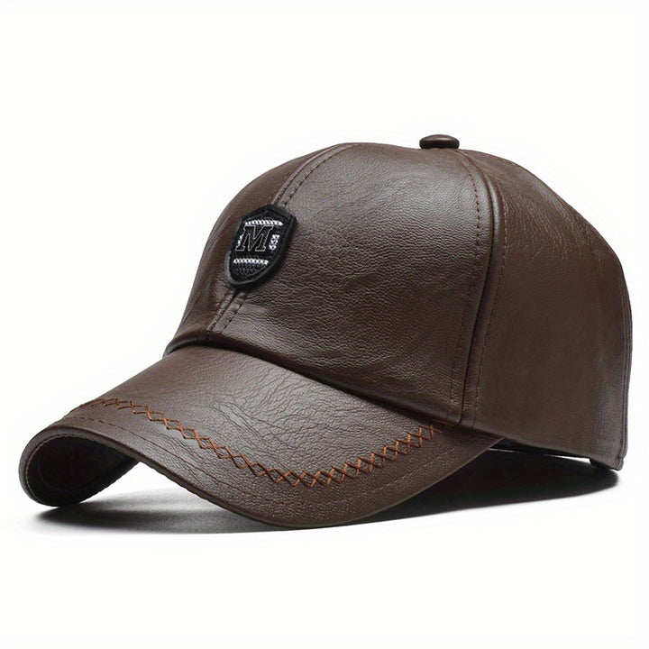 1 Gorra de béisbol de cuero sintético negro elegante para hombre con ajuste de presión - Ligera, duradera y transpirable para actividades al aire libre, viajes, fiestas en la playa y uso casual, gorra de moda de primavera | Gorra de ajuste de presión |...
