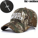 Juego de 2 piezas (gorra + collar) Gorra de béisbol con camuflaje y letras favoritas del dios para hombre, gorra deportiva transpirable de verano al aire libre, sombrero de sol unisex ajustable