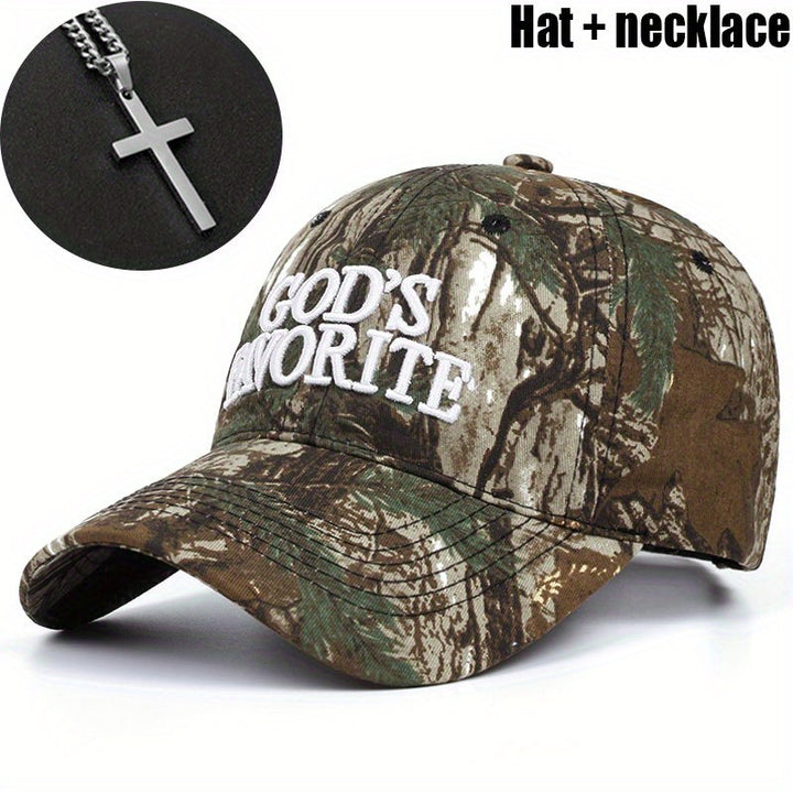 Juego de 2 piezas (gorra + collar) Gorra de béisbol con camuflaje y letras favoritas del dios para hombre, gorra deportiva transpirable de verano al aire libre, sombrero de sol unisex ajustable
