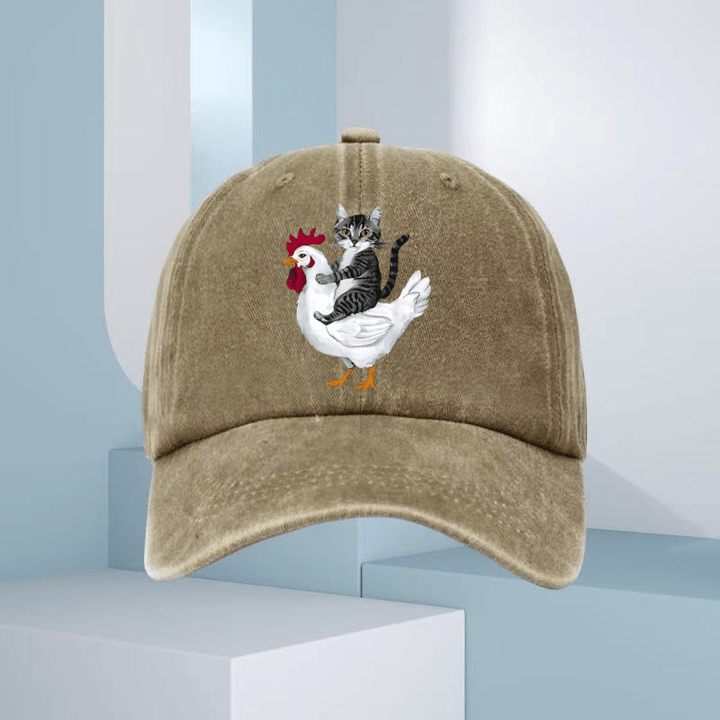 Gorra de Béisbol Ajustable para Hombre con Estampado de Gato y Pollo - Azul Marino, Tejido Suave y Correa Ajustable, Diseño Divertido, Ropa Casual, Gorra Única, Accesorio Duradero