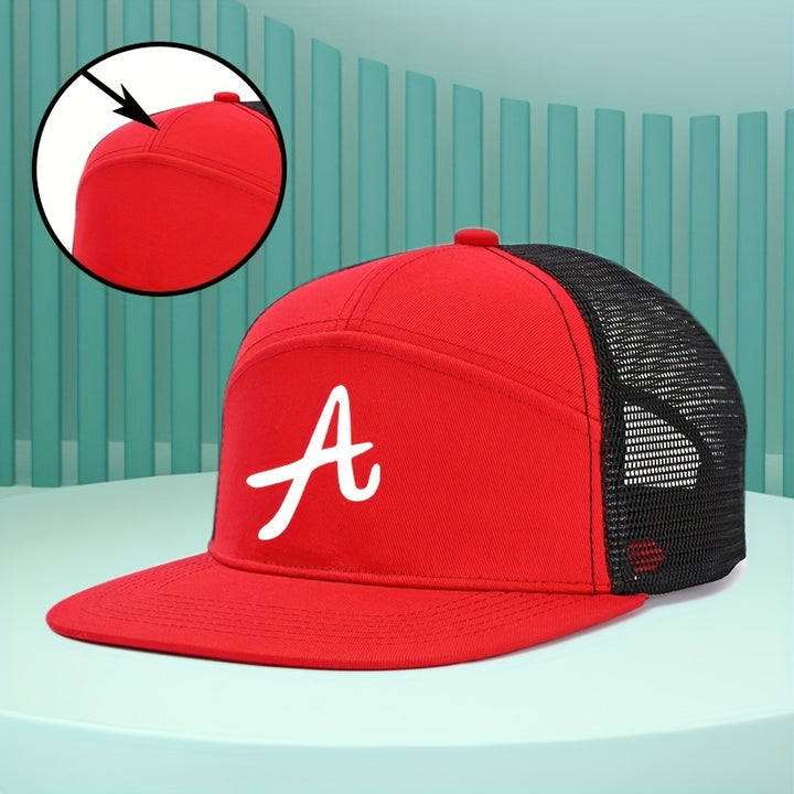 Gorra de béisbol con visera plana, 100% poliéster, letra A deportiva, cierre ajustable con hebilla, protección solar, impresión duradera, lavado en seco profesional, ideal para actividades al aire libre