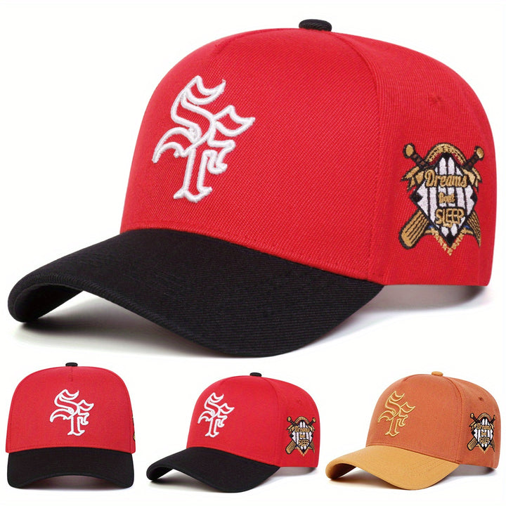 Gorra de Béisbol Gótica para Hombre - Gorra Ajustable Ligera con Letras SF, Roja/Negra, Relleno de Poliéster para Exteriores, Deportes y Casual - Sombrero Estilo Urbano, Diseño Contrastante, Transpirable