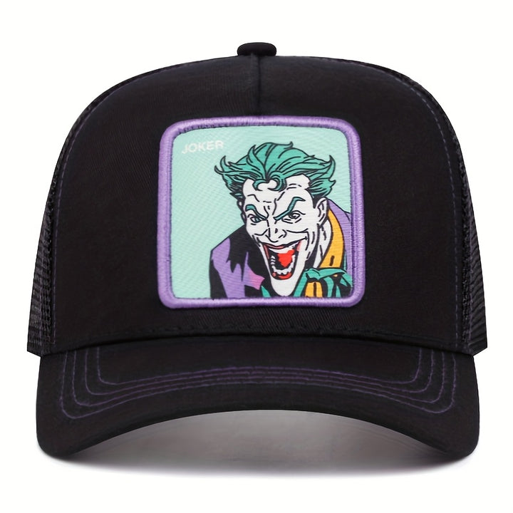 Gorra de béisbol bordada Warner Bros DC JOKER para hombres y mujeres, ideal para eventos deportivos al aire libre, con diseño de malla y un elegante estilo de gorra de camionero.