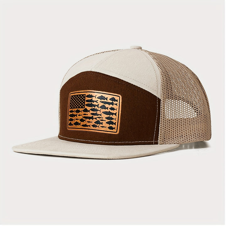 Gorra Trucker de 7 Paneles con Parche de la Bandera Americana - Parte Trasera de Malla Transpirable, Snapback Ajustable, Ligera y Duradera para Pesca, Senderismo, Camping, Actividades al Aire Libre - Unisex, Sombrero para Exteriores | Gorra Trucker Elegan