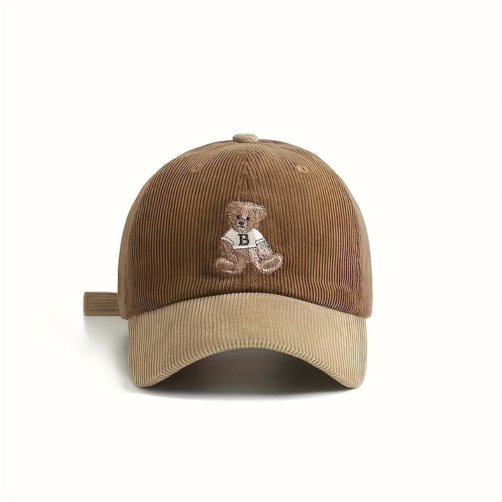 1 Gorra de béisbol unisex de pana con lindo diseño de oso y la letra B - Cierre ajustable con visera, tejido transpirable, doble tono marrón/patchwork, para otoño/invierno, gorra casual y deportiva para hombres y mujeres (Lavar a mano únicamente) - Regalo