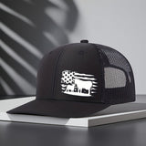 Gorra de malla ajustable con diseño de bandera americana y vaca, sombrero transpirable de 6 paneles para pesca, trabajo en granja y uso casual, tamaño unisex, color café con costura blanca