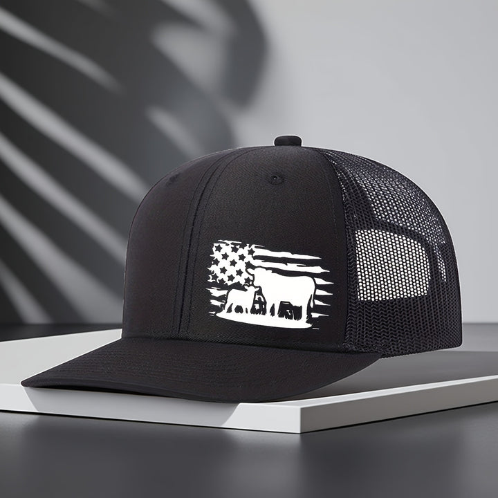 Gorra de malla ajustable con diseño de bandera americana y vaca, sombrero transpirable de 6 paneles para pesca, trabajo en granja y uso casual, tamaño unisex, color café con costura blanca