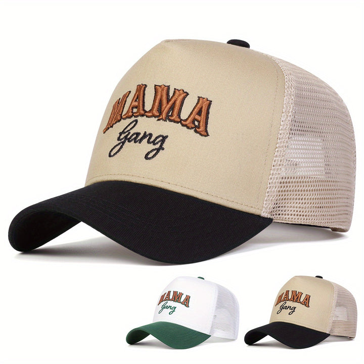 1 Gorra de Béisbol MAMA Gang para Hombre, Gorra de Malla Ajustable de Cinco Paneles para Exteriores, Casual, Primavera, Otoño, Viajes, Vacaciones en la Playa, Accesorios de Cabeza de Otoño,Moda de Primavera,Estilo Streetwear,Diseño a la Moda,Malla Transpi