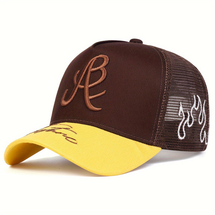 Gorra de béisbol bordada con llama lateral de malla para hombres, 100% poliéster, estilo deportivo, ligero, ajustable, con lavado a mano para al aire libre, viajes y vacaciones