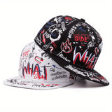 Gorra Snapback de Dos Estilos con Diseño Graffiti Moderno - y Visera Blanca, Arte Doodle Expresivo y Textos Atrevidos, Cierre Ajustable, Tela de Alta Calidad para Uso Casual al Aire Libre, Moda Urbana, Material Transpirable, Gorra Cómoda y Elegante, Ideal
