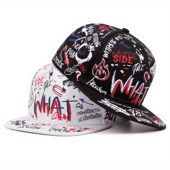 Gorra Snapback de Dos Estilos con Diseño Graffiti Moderno - y Visera Blanca, Arte Doodle Expresivo y Textos Atrevidos, Cierre Ajustable, Tela de Alta Calidad para Uso Casual al Aire Libre, Moda Urbana, Material Transpirable, Gorra Cómoda y Elegante, Ideal