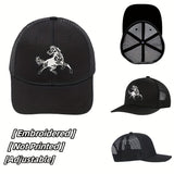 Un solo paquete (caja) de gorra de malla negra bordada con caballo de trote rápido, con un diseño de bordado creativo de caballo valiente, gorra de camionero, gorra de béisbol informal deportiva al aire libre, transpirable, ligera, sombrero de calidad aju