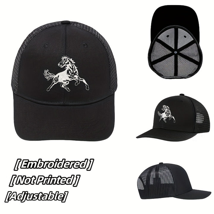 Un solo paquete (caja) de gorra de malla negra bordada con caballo de trote rápido, con un diseño de bordado creativo de caballo valiente, gorra de camionero, gorra de béisbol informal deportiva al aire libre, transpirable, ligera, sombrero de calidad aju