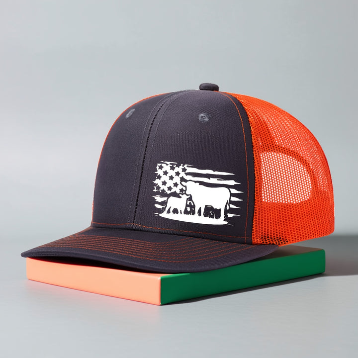 Gorra de malla ajustable con diseño de bandera americana y vaca, sombrero transpirable de 6 paneles para pesca, trabajo en granja y uso casual, tamaño unisex, color café con costura blanca