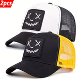 2pcs Gorras de Béisbol Hip Hop para Mujer - Snapback Ajustable, Poliéster Ligero con Bordado de Cara Traviesa, Malla Transpirable en la Parte Trasera - Perfectas para la Moda al Aire Libre