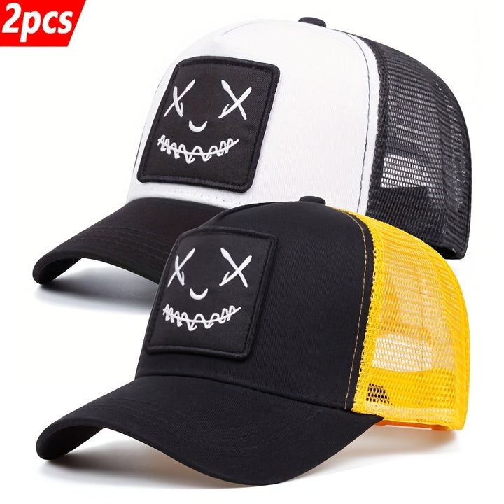 2pcs Gorras de Béisbol Hip Hop para Mujer - Snapback Ajustable, Poliéster Ligero con Bordado de Cara Traviesa, Malla Transpirable en la Parte Trasera - Perfectas para la Moda al Aire Libre