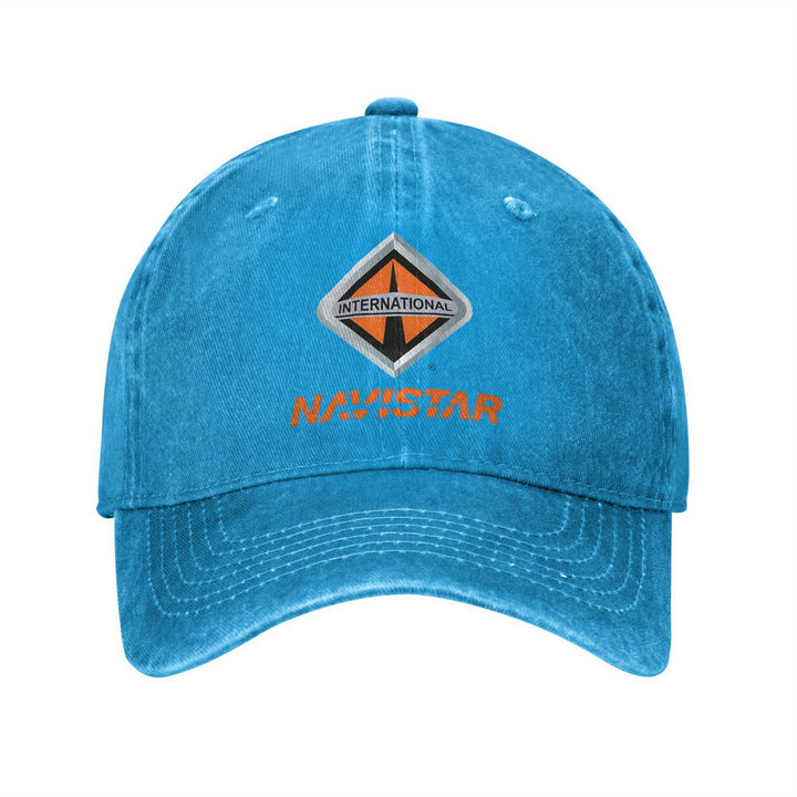 Gorra de béisbol internacional Navistar 2025 - Negro lavado con logotipo rojo y naranja, algodón transpirable, ajuste ajustable para deportes al aire libre, golf, running - Regalo elegante para hombres y mujeres