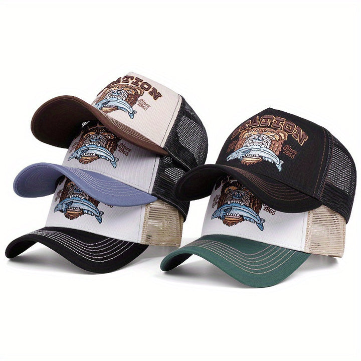 Gorra de béisbol retro americana con estampado de cabeza de oso, unisex, transpirable, malla de contraste, estilo trucker