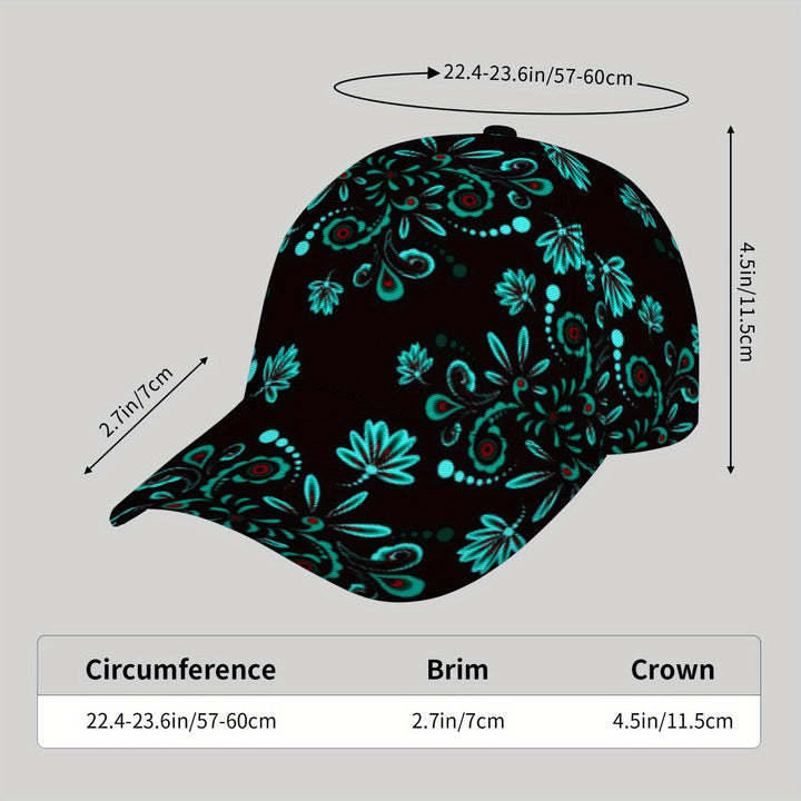 Gorra de Béisbol Estilo Callejero Unisex con Estampado Floral y Flores Azul Verdoso sobre , Gorra Deportiva Transpirable para Hombres y Mujeres, Uso Diario Casual