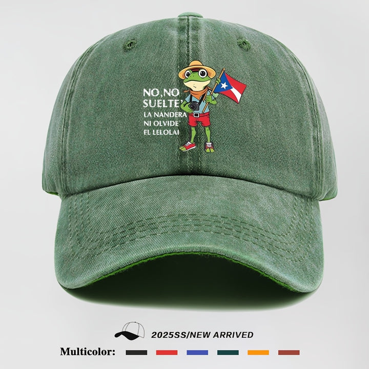 1 Gorra de béisbol ajustable retro con diseño de rana con bandera de Puerto Rico - Poliéster ligero, diseño de rana de dibujos animados, perfecto para actividades al aire libre y eventos de regreso a casa, ropa de cabeza al aire libre | Diseño de rana de