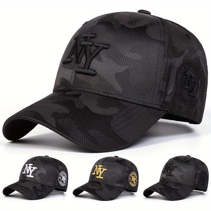 1 Gorra de béisbol de camuflaje con letra NY para hombre, ajustable, protección solar, sombrero casual para primavera y otoño, viajes y vacaciones en la playa.