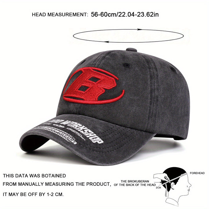 Gorra de Béisbol para Hombre - Ligera y Ajustable con Letra 'B' Roja, Visera Curva para Exteriores, Deportes y Uso Diario - Estilo Lavado Casual para Primavera/Otoño (Lavable a Mano), Accesorio de Viaje, Bordado Elegante, Fibra de Poliéster, Tela Transpir