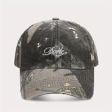 Gorra de béisbol de camuflaje americana para mujeres, lavada y desgastada, suave, transpirable, ajustable, poliéster, con detalles de bordado, estilo vintage para ropa de trabajo masculina.