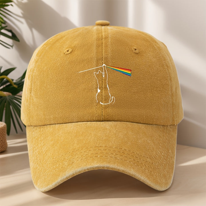 Gorra de béisbol divertida con estampado de gato arcoíris - Gorra retro lavada clásica, suave, cómoda y transpirable con cierre ajustable para actividades al aire libre y vacaciones