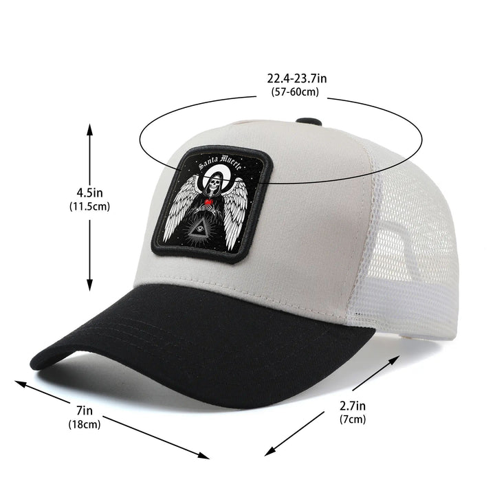 Gorra de Béisbol Gótica Mexicana con Arte Popular Santa Muerte para Hombres y Mujeres - Gorra Trucker Ajustable Snapback, Parte Trasera Transpirable en Redeza, Panel Frontal Blanco & Visera Negra, Sombrero Casual Unisex al aire Libre Verano para Hombre, m