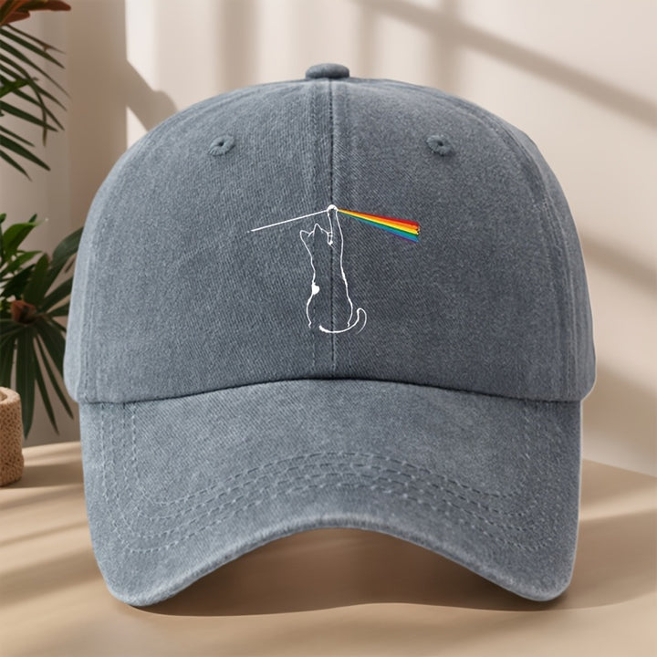 Gorra de béisbol divertida con estampado de gato arcoíris - Gorra retro lavada clásica, suave, cómoda y transpirable con cierre ajustable para actividades al aire libre y vacaciones